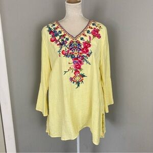 Calessa embroidered floral tunic blouse boho yellow artsy bell sleeve size L